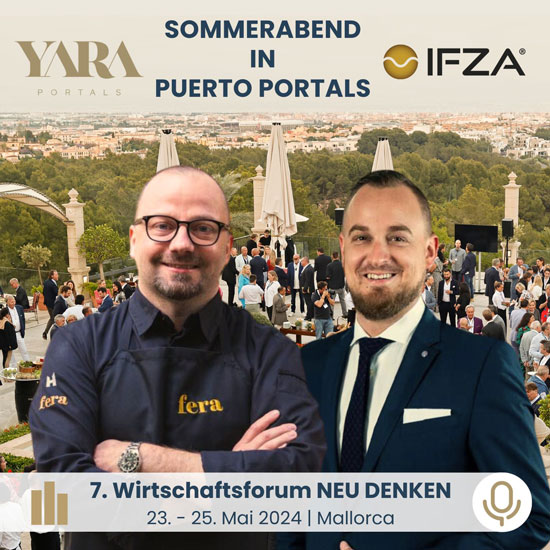 Simon Petutsching, Chefkoch des Restaurants Yara in Portals und Diego Michel von IFZA aus Dubai, dahinter die Terrasse vom Castillo Hotel in Son Vida mit Blick auf die Bucht von Palma