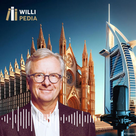 Holger Bingmann in lilanem Anzug, im Hintergrund sieht man die Kathedrale von Palma und die Skyline von Dubai